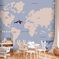 Fototapete - Pastel Planet - Animals and Underwater Plants on a Map