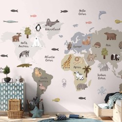 Fototapete - Pastel Map - Animals and Continents for Childrens Room